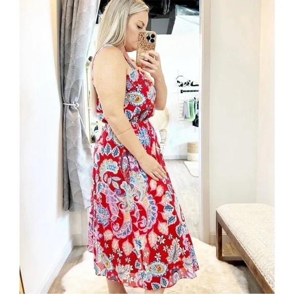 NWT Talbots Midi Flare Cotton Sun Dress Fantastic Paisley Red Pepper Square Smoc